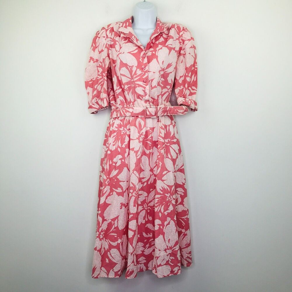 Lisa Jo Women's 14 Shirt Dress Pink Floral Button Belted Shoulder Pad Flaw CH22
